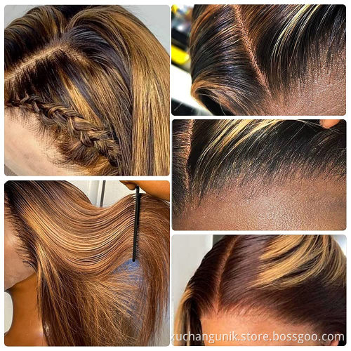 Highlight 1B Honey Brown Color Straight Human Hair Lace Front Wig Virgin Brazilian Hair Highlight Wig Transparent HD Frontal Wig